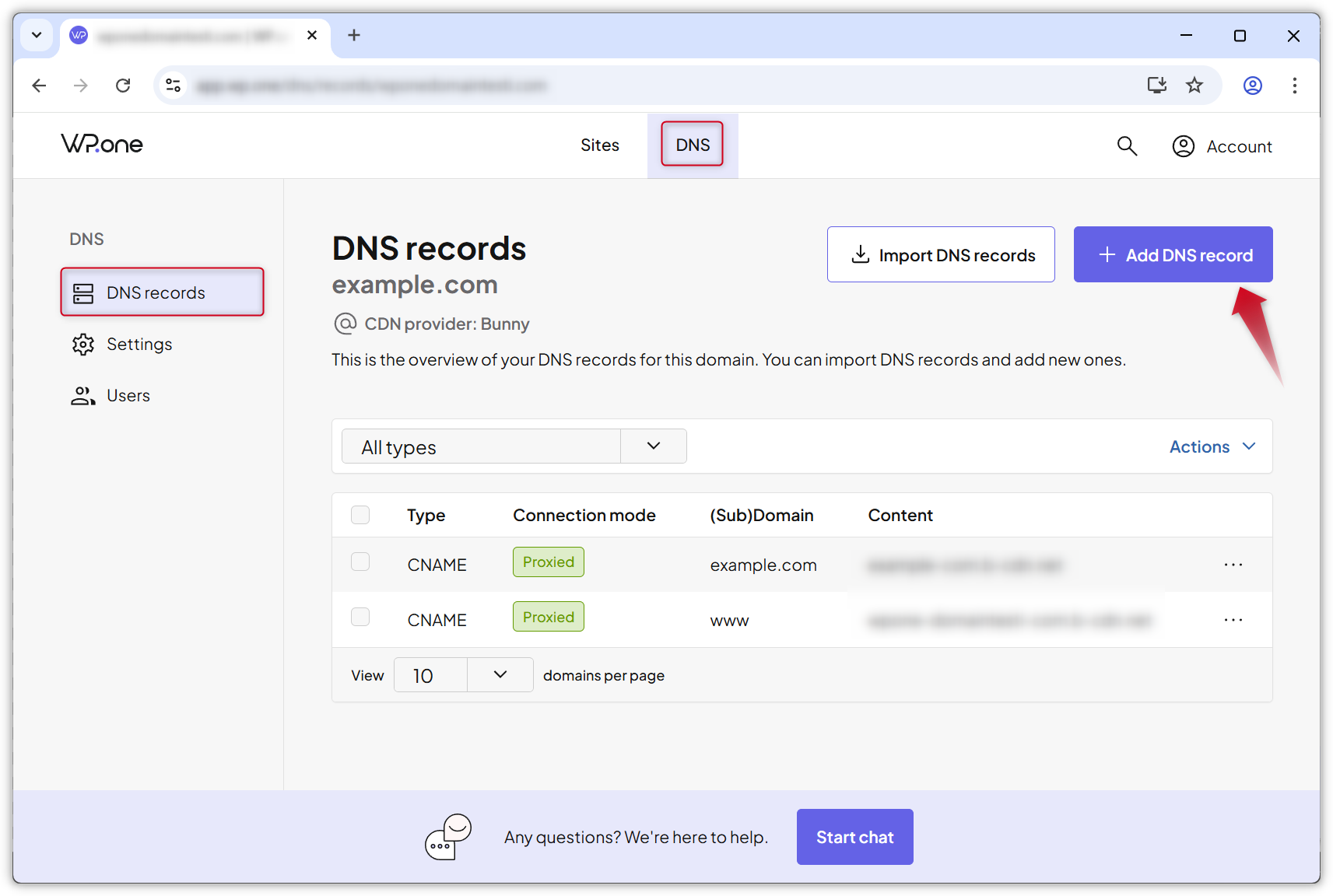 Screenshot of the DNS records page in WP.one dashboard.