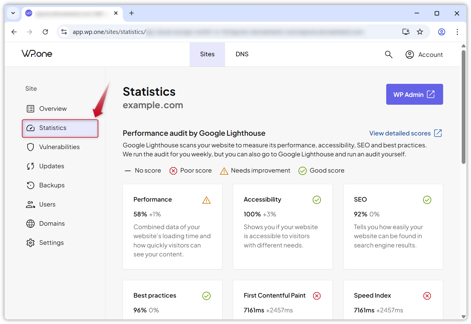 Screenshot of the Statistics page in WP.one.