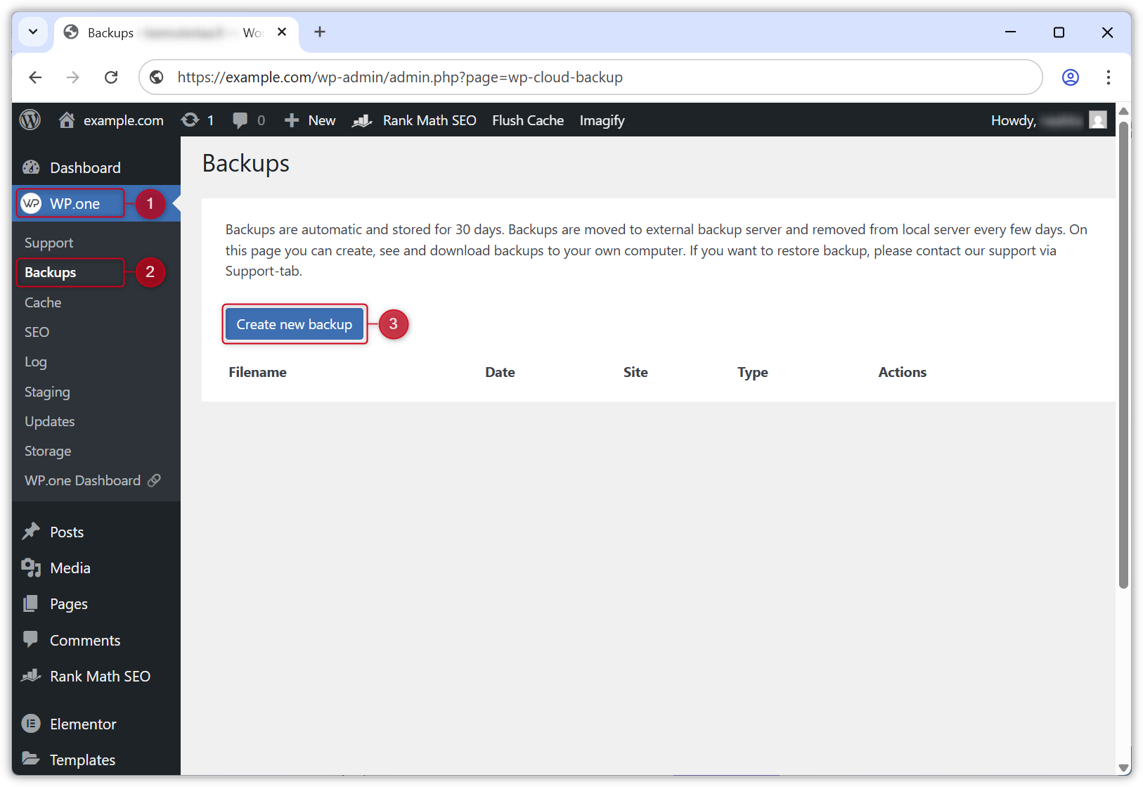 Screenshot of the Backups page in WP.one plugin.