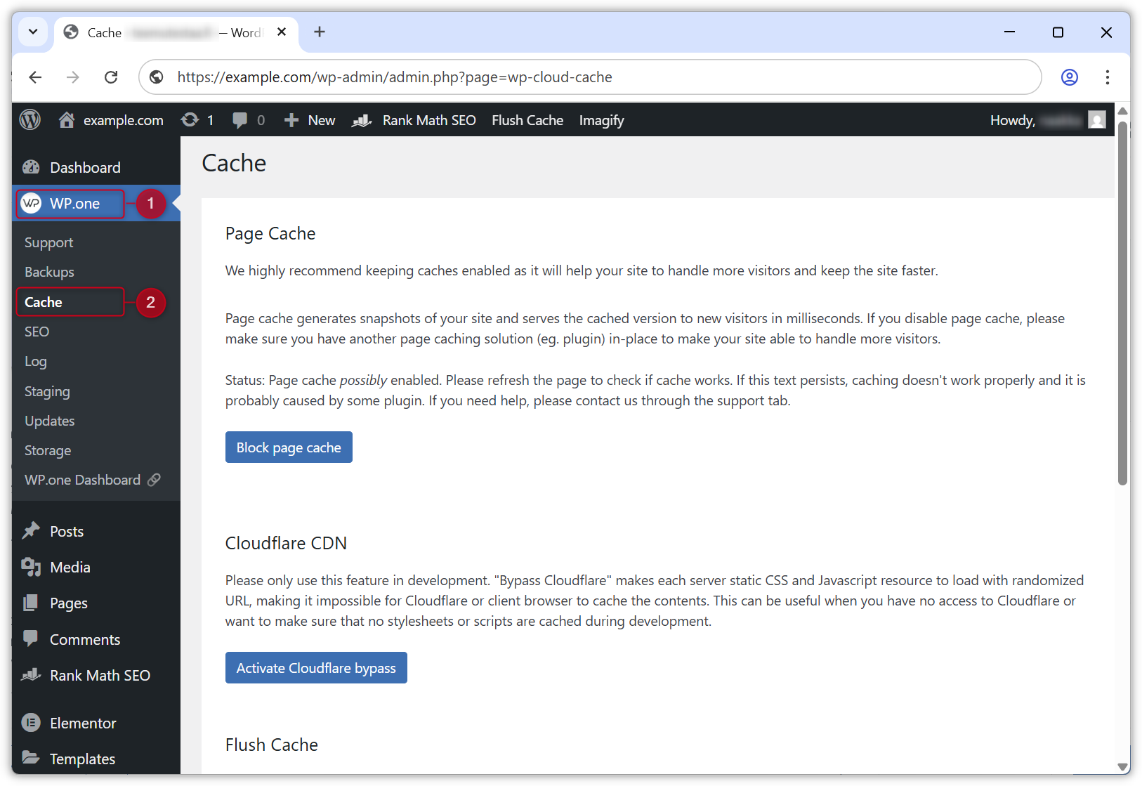 Screenshot of the Cache page in WP.one plugin.