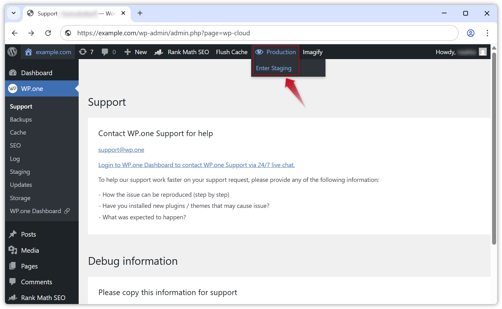 Screenshot of the "Enter staging" link in WP Admin.