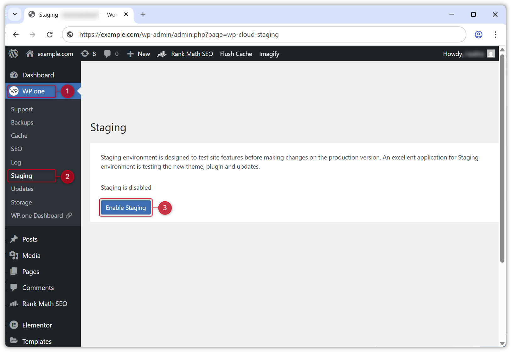 Screenshot of the Staging page in WP.one plugin.