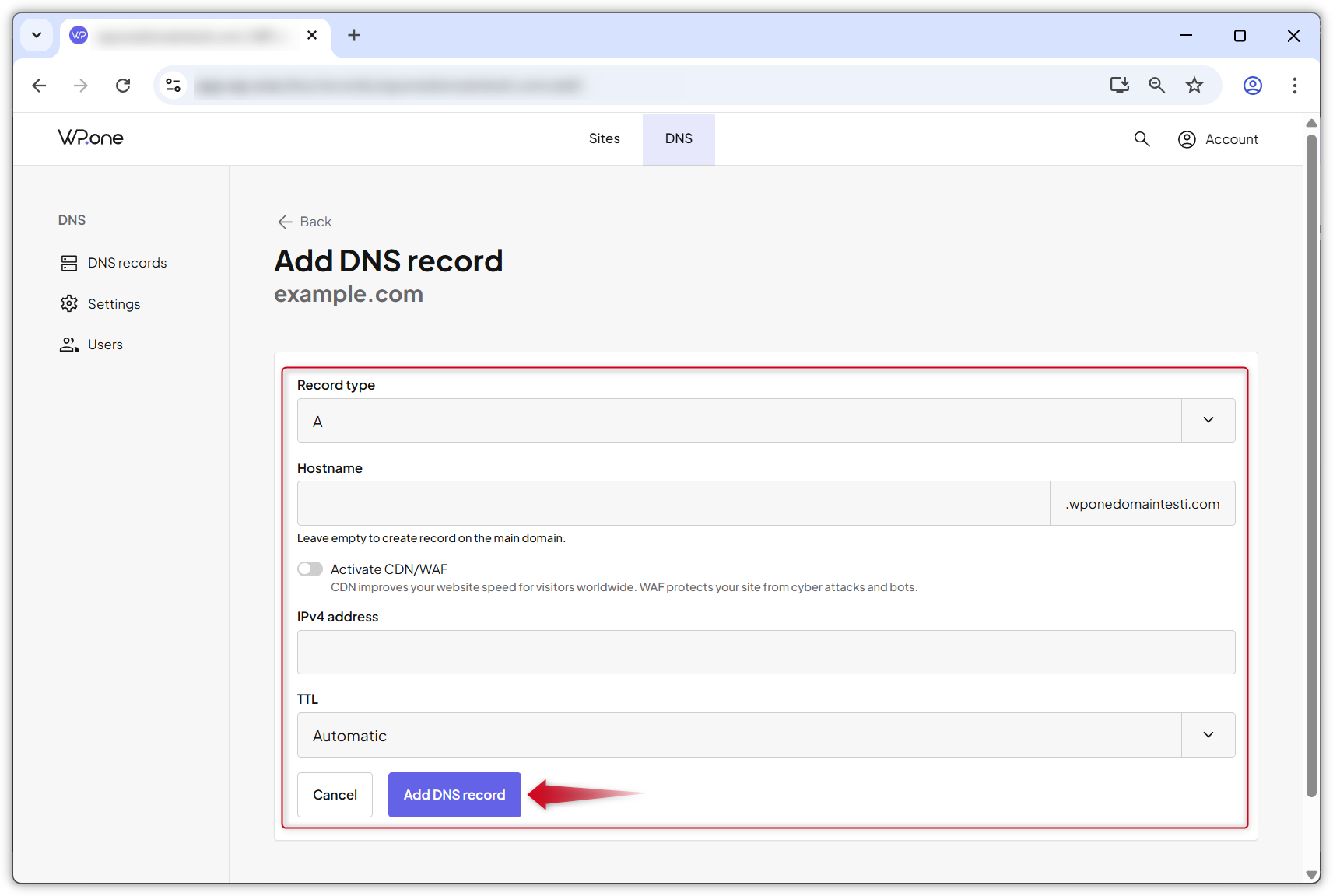Screenshot van de pagina "DNS-record toevoegen" in het WP.one-dashboard.