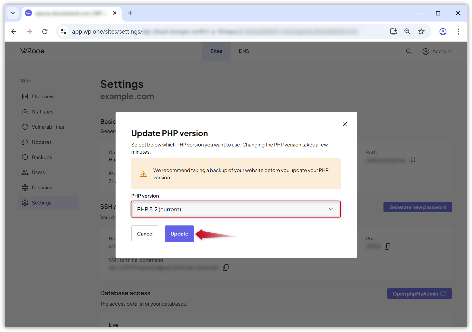 Screenshot van het pop-upvenster "PHP version bijwerken" in WP.one.