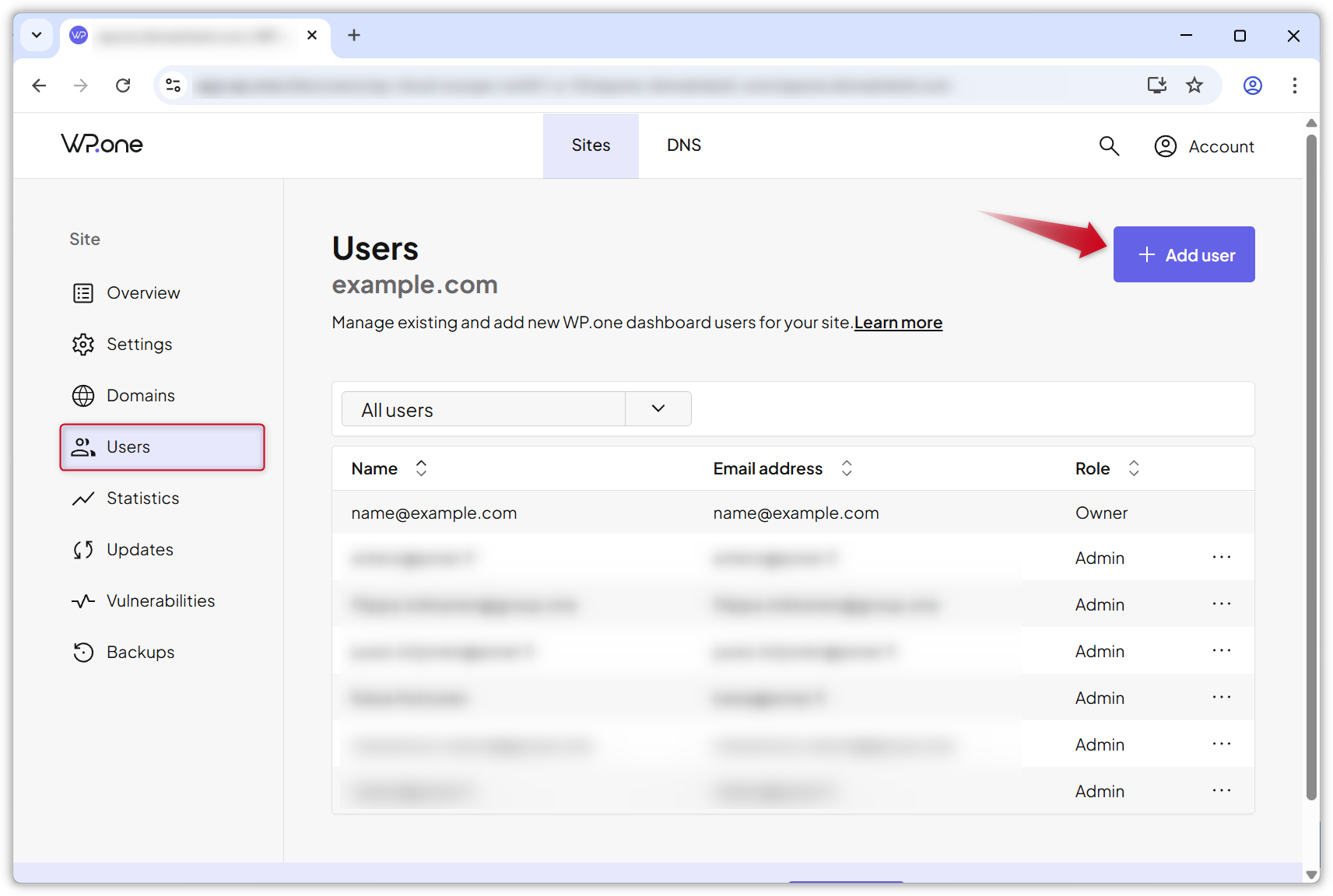 Screenshot of the Users page in the WP.one dashboard.