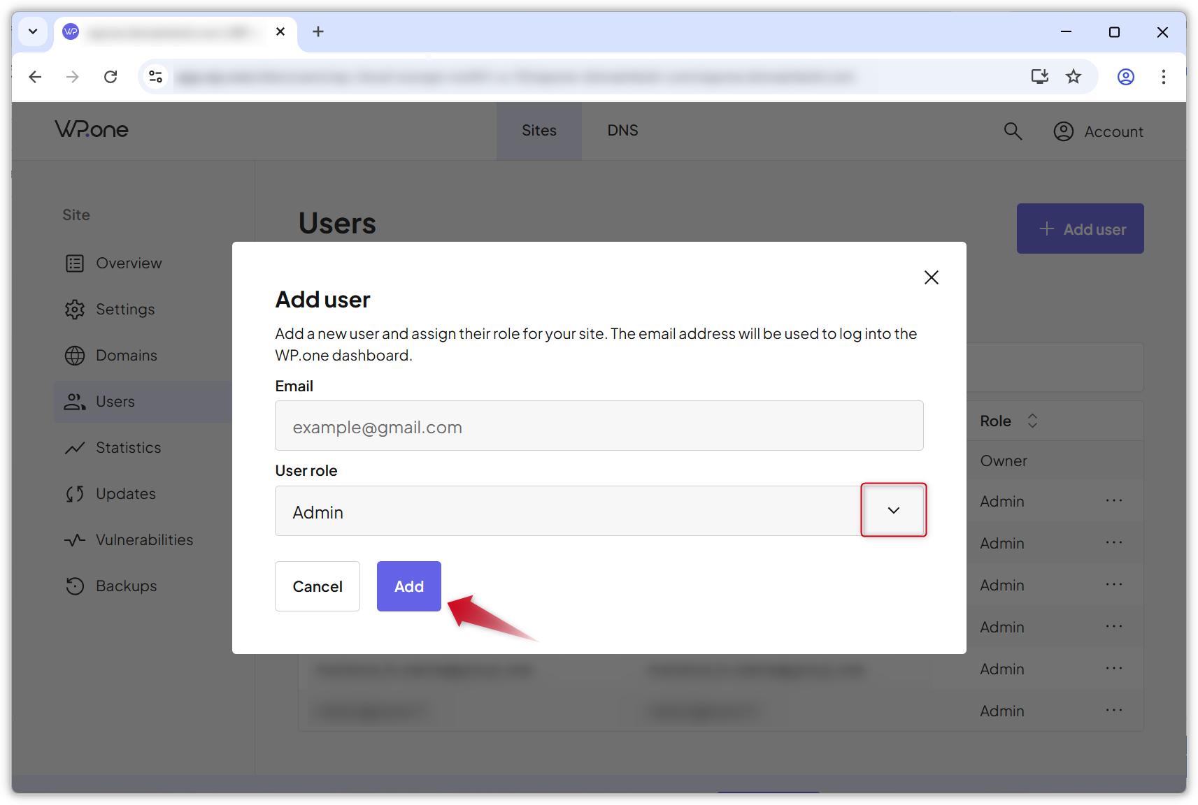 Screenshot des Pop-up-Fensters zum Hinzufügen eines Benutzers im WP.one-Dashboard.