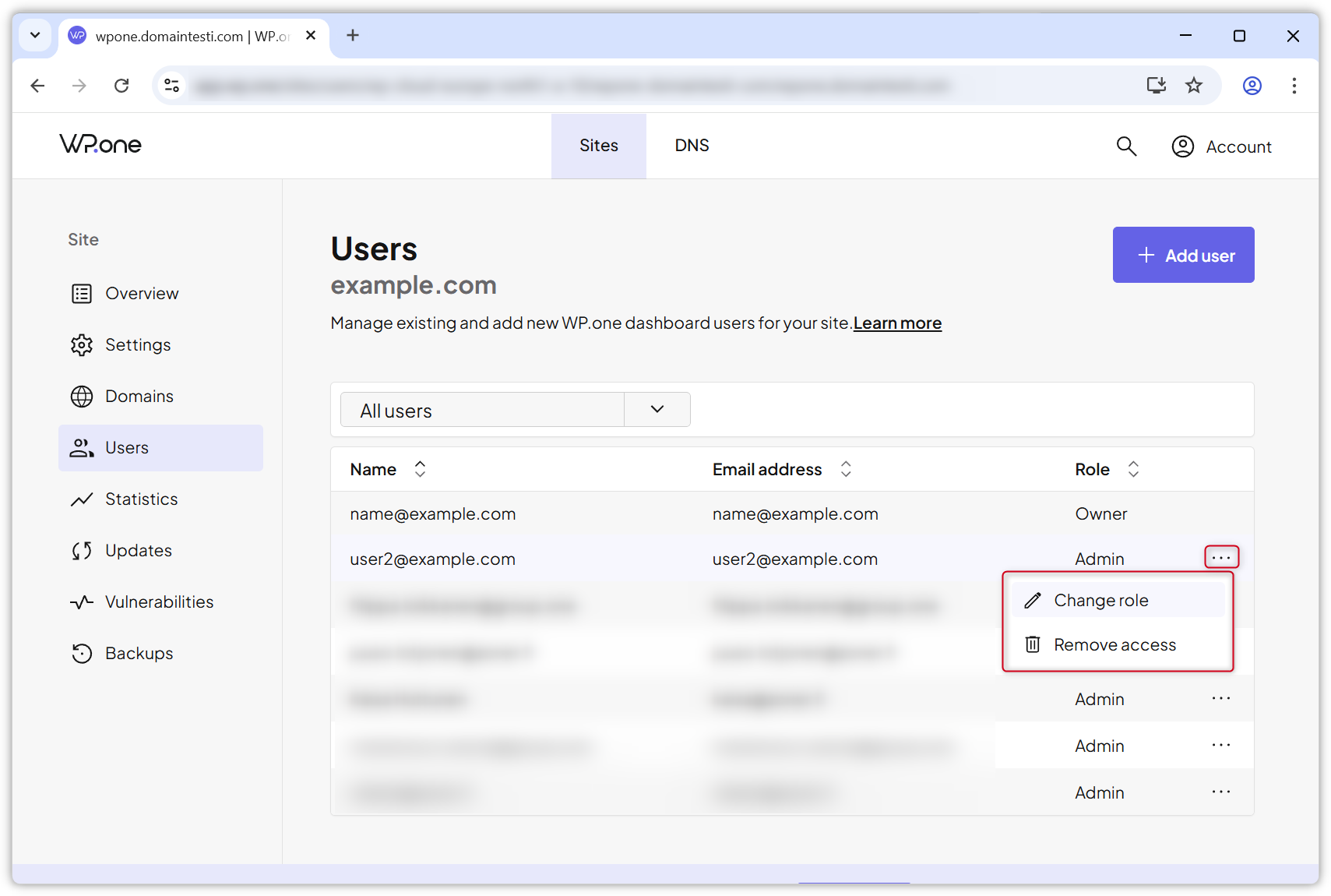 Screenshot van de gebruikerspagina in het WP.one-dashboard, waarop te zien is hoe je een gebruiker kunt bewerken.