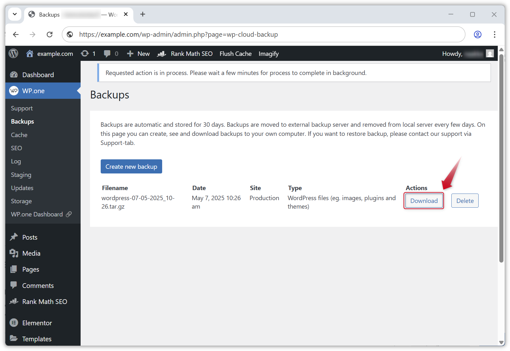 Skjermbilde av Backup-siden og nedlastingsknappen i WP.one-pluginen.