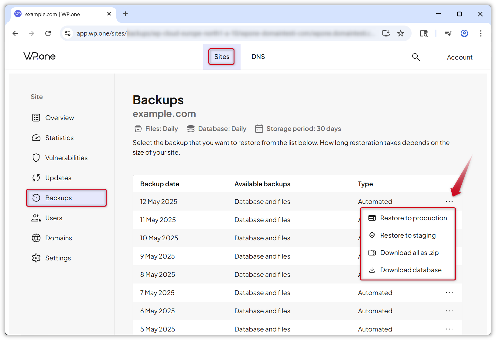 Screenshot der Backups-Seite im WP.one-Dashboard.