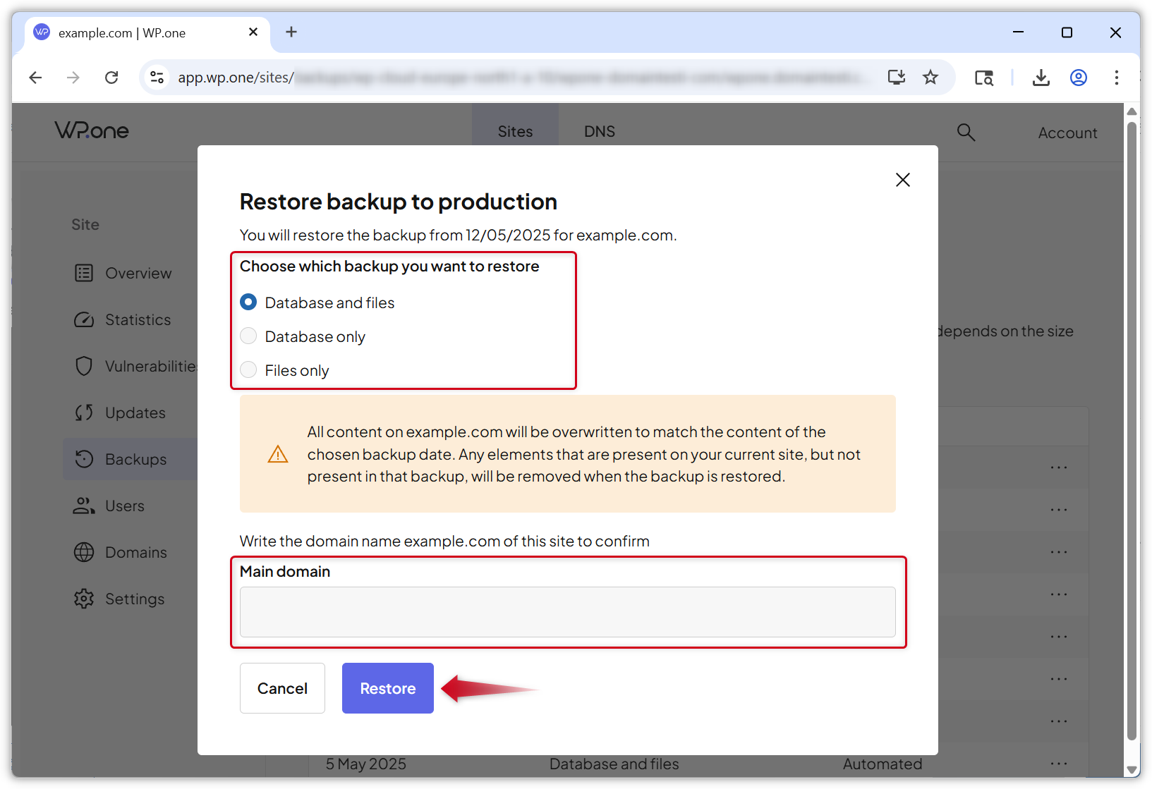 Skjermbilde av et popup-vindu for gjenoppretting av backup i WP.one-dashbordet.