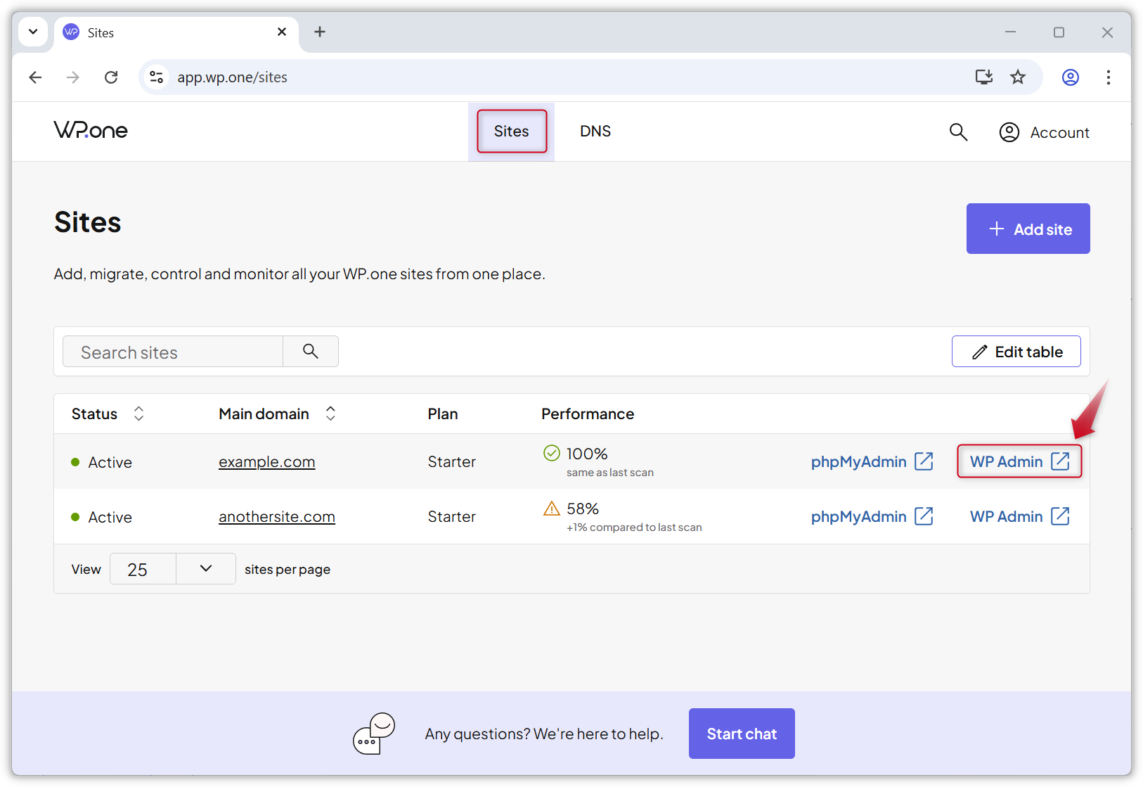 Screenshot vom Websites-Tab in WP.one.
