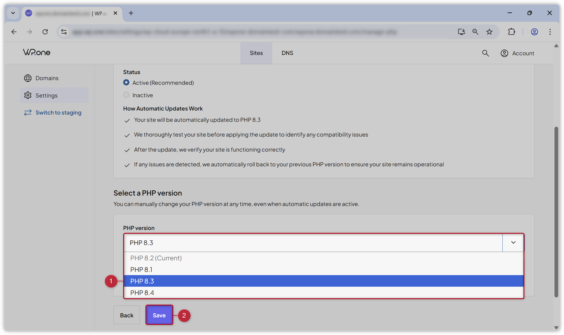 Skjermbilde som viser hvordan du endrer PHP-versjon i WP.one-dashbordet