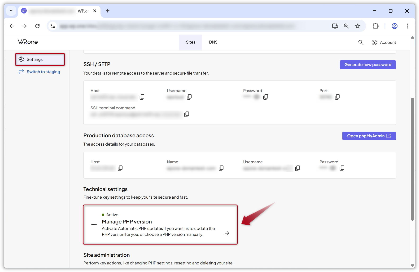 Screenshot of WP.one dashboard.